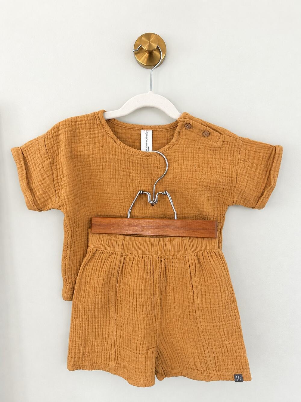 Modern Moments Gerber 3T Muslin Gauze 2 Piece Shirt Shorts Set Mustard Color